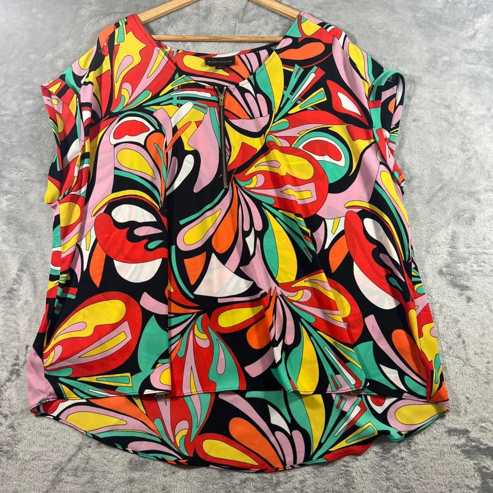 BOLD ELEMENTS Blouse Womens 1X Multicolor Abstract Zip Front Top Retro Summer